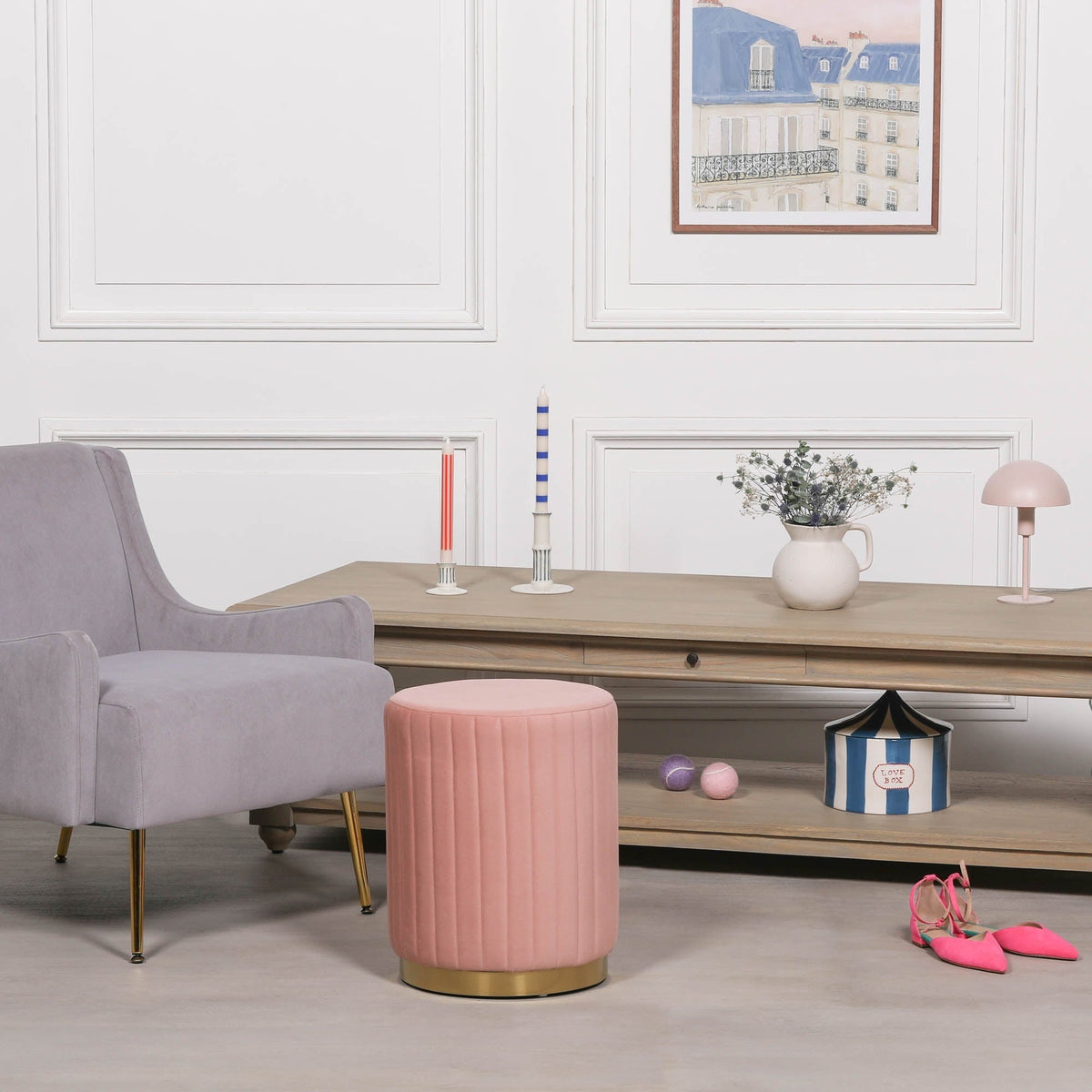 Pink Velvet Round Stool with Gold-Tone Base - product image 4