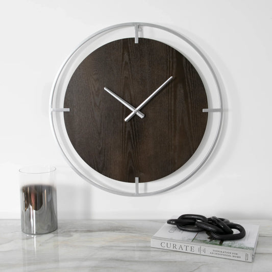 Wood-Look Face Wall Clock with Silver Frame, 60 cm - product image 1